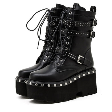 "Ramona" black platform boots with rivets accent