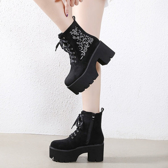 "Desmona" black platform ankle boots with embroidered wiccan accent