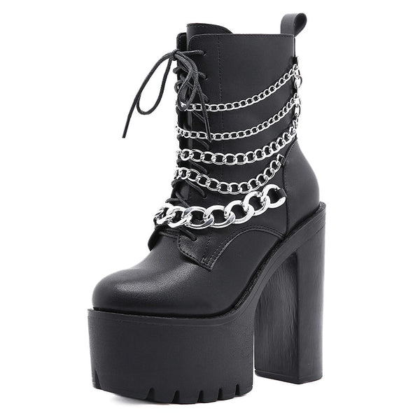 "Jayde" black platform ankle boots with chain accent