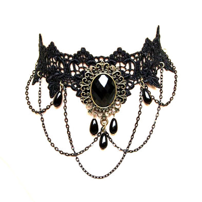 Black Lace Choker with Vintage Oval Centerpiece and Teardrop Accents.