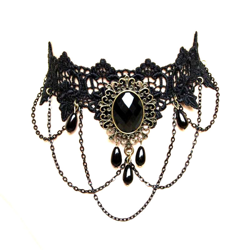 Black Lace Choker with Vintage Oval Centerpiece and Teardrop Accents. –  Gothikco
