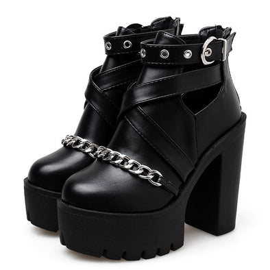 "Sabrina" black platform ankle boots with cross strap and chain