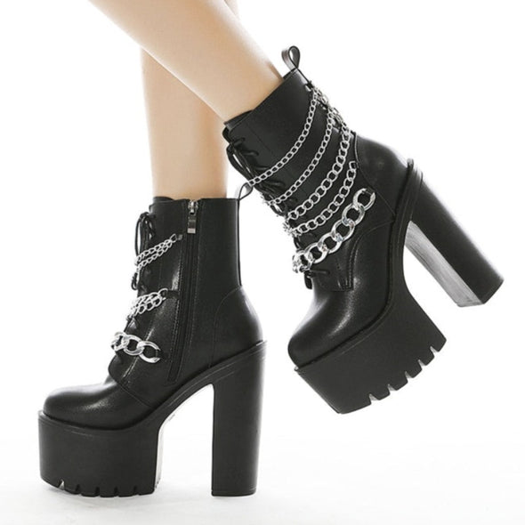 "Jayde" black platform ankle boots with chain accent