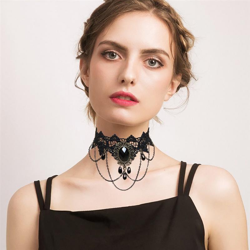 Collares Sexy Gothic Chokers Crystal Black Lace Neck Choker Necklace V
