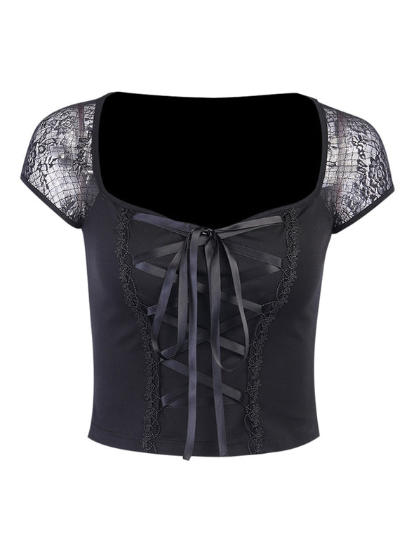 "Mortisha" Top in black with lace up front and mesh cap sleeves