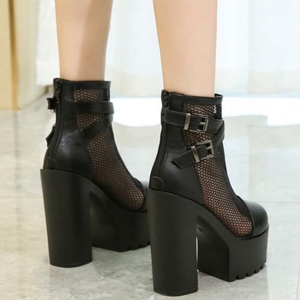 "Sonora" black platform ankle boots with mesh accent