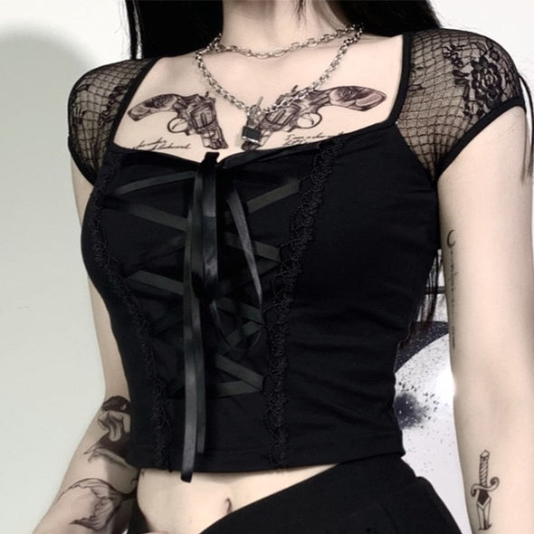 "Mortisha" Top in black with lace up front and mesh cap sleeves