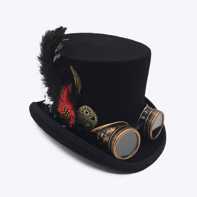 Black Wool Steampunk Top Hat with Large Feather
