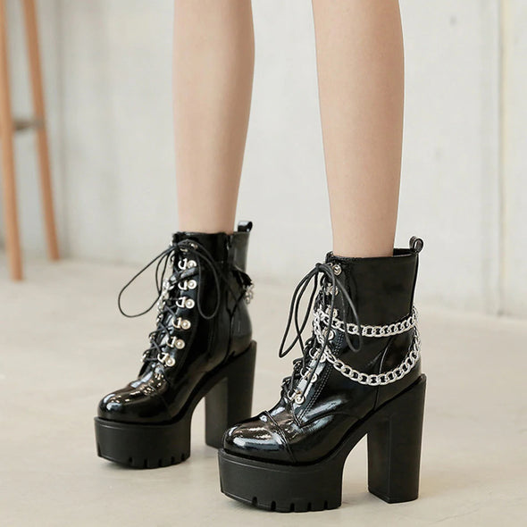 "Zora" Black Patent Leather Platform Ankle Boots with Chain Accent
