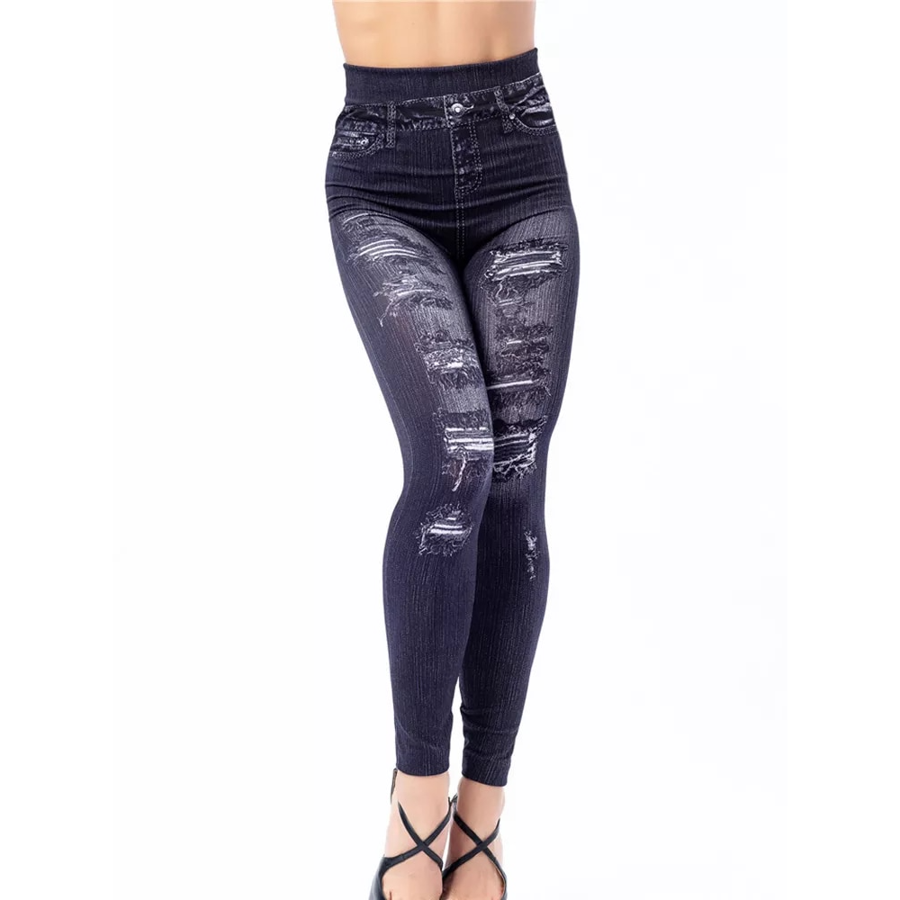 High Waist Women's Denim Print Fake Faux Jeans Leggings Pants Tummy Control  US | eBay