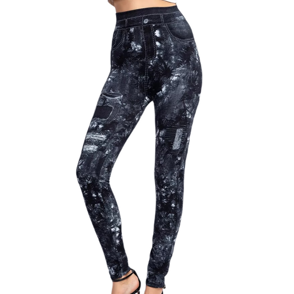 "Chrissie" distressed denim print leggings