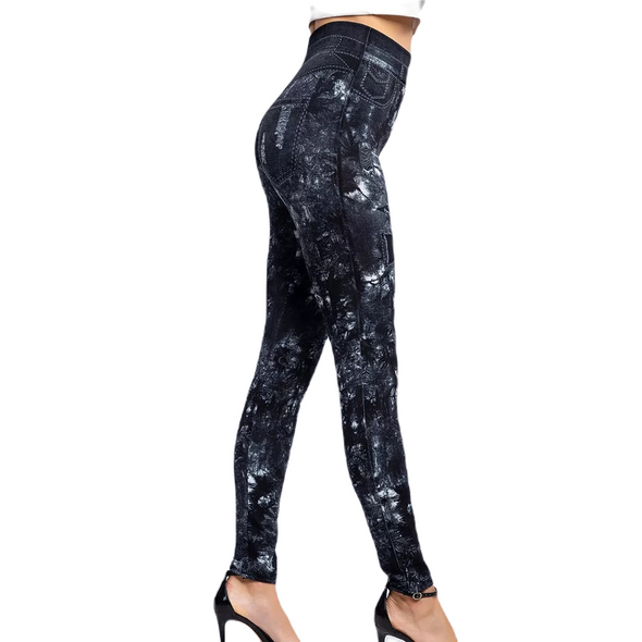 "Chrissie" distressed denim print leggings