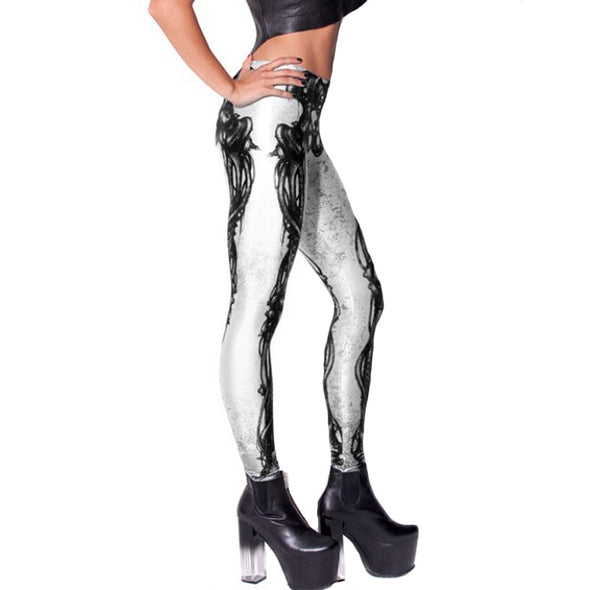 Side view of model wearing white leggings with skeleton bones and tendons printed in black