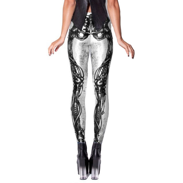 Rear view of model wearing white leggings with skeleton bones and tendons printed in black