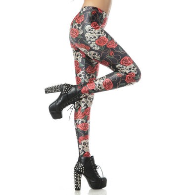 Side view of model wearing leggings with scary skulls and roses printed on it