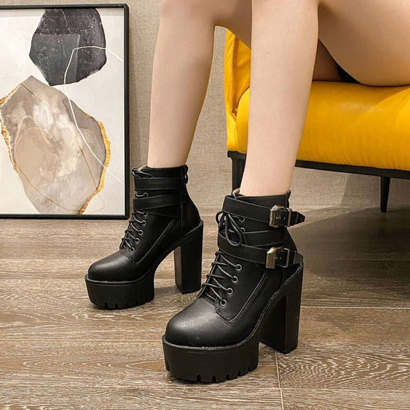 "Aleksa" Black Platform Ankle Boots with Large Two-Buckle accent