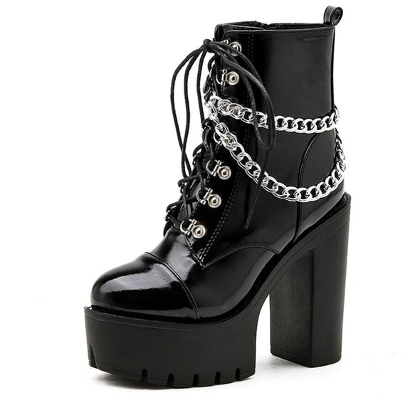 "Zora" Black Patent Leather Platform Ankle Boots with Chain Accent