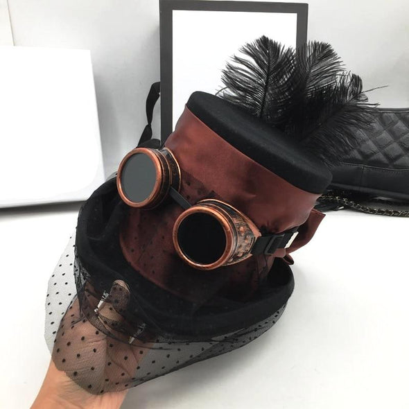 Black & Bronze Steampunk Tophat with Bow and Goggle